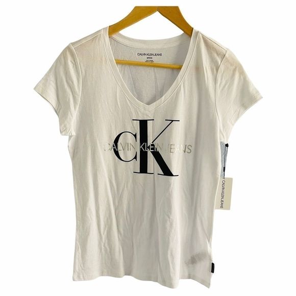 NWT Calvin Klein V Neck White Shirt Logo Tee - Picture 7 of 14